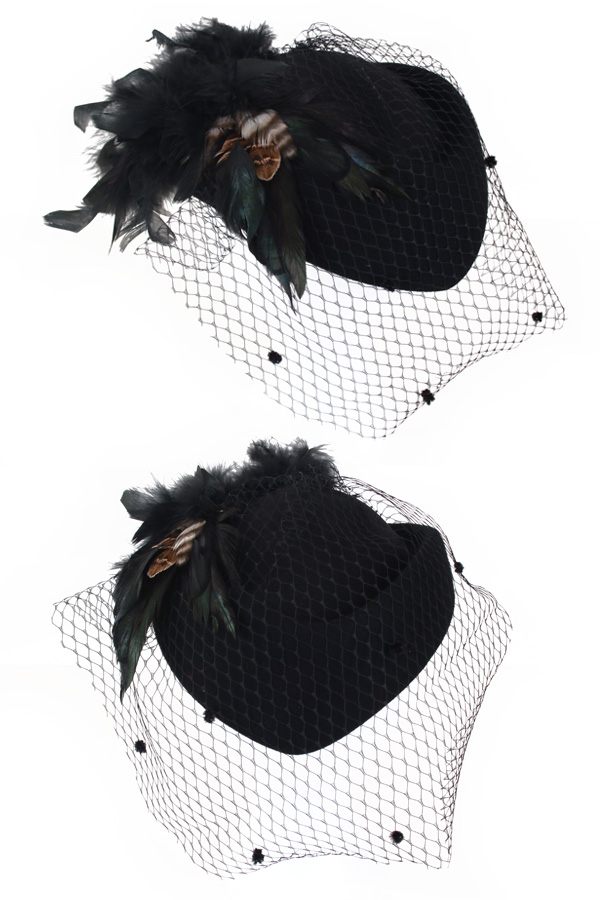 Ladies hat wool felt black with spheres gauze and feathers size 57-58