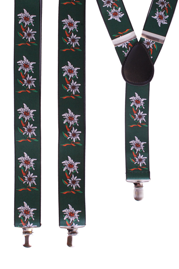 Tyrolean suspenders green with edelweiss flower 3.5 cm wide