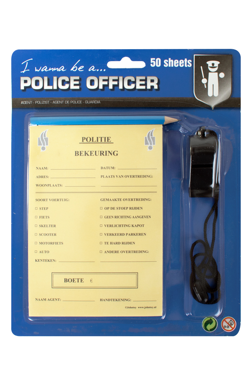 Police fines booklet with pencil and whistle
