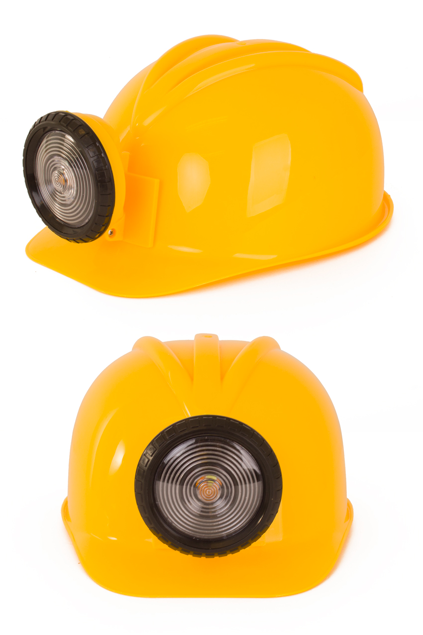 Yellow plastic construction helmet with light