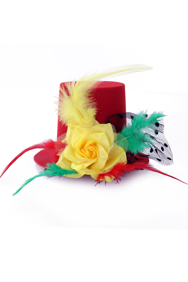 Mini hat red/yellow/green on clips with rose, feathers and beads mesh