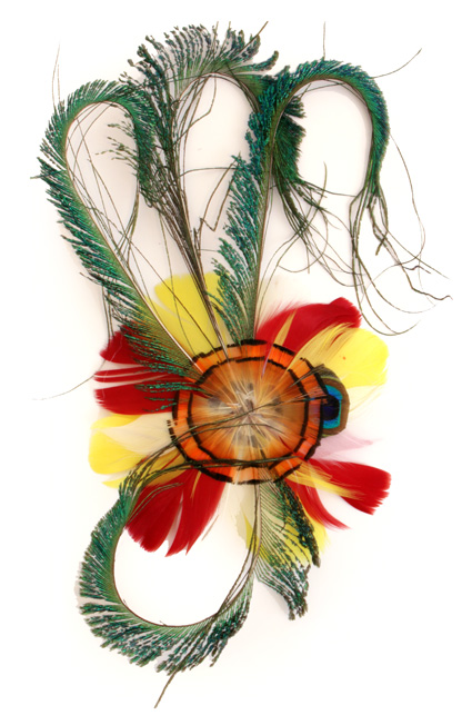Red, white and yellow fascinator with feathers hair pin