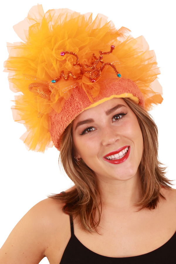 Fur hat orange with decoration including lighting