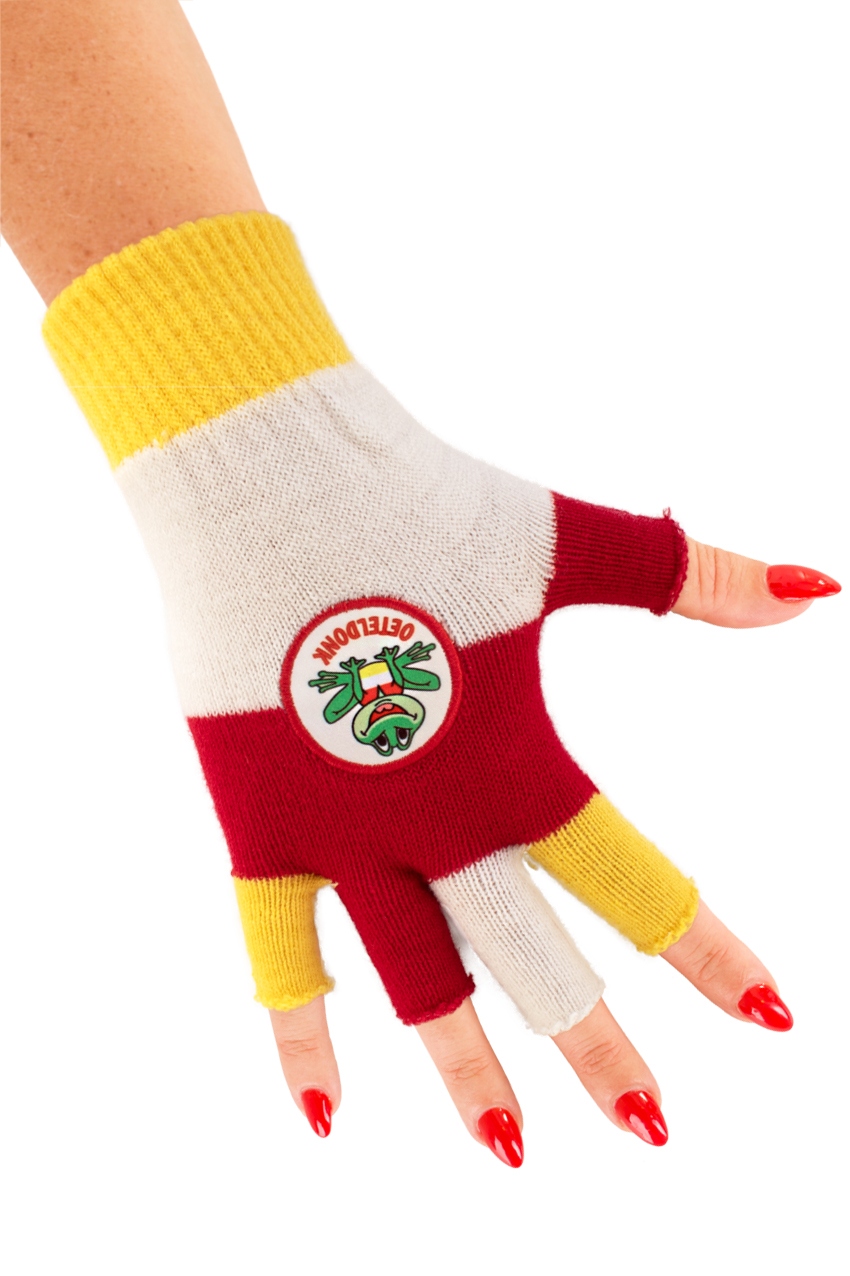 Fingerless gloves red/white/yellow with frog Oeteldonk
