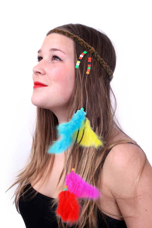 Headband hippie / ibiza with beads and feathers multicolour