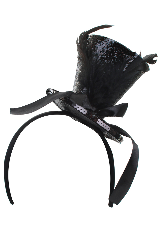 Mini top hat metallic black on hairband with black feathers