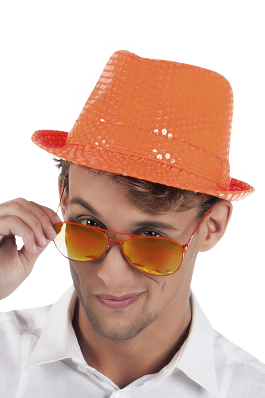 Neon orange trilby hat with sequins one size