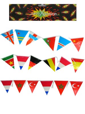 Line of triangular international flags 10 meter