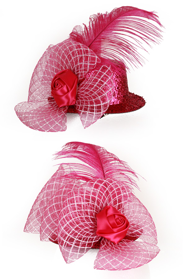 Mini hat pink glitter with flower, feathers and white stripes mesh