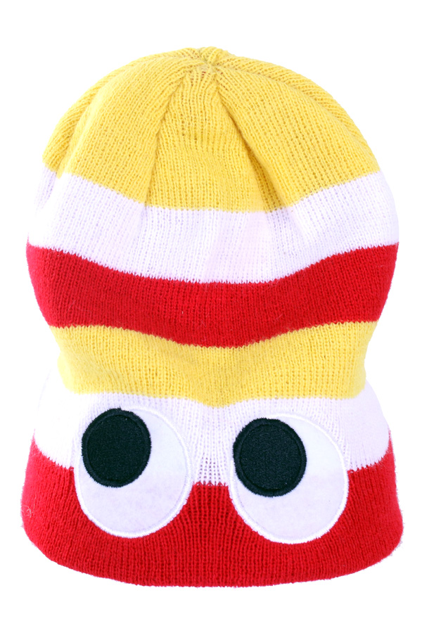 Knitted hat stripe red white yellow with eyes