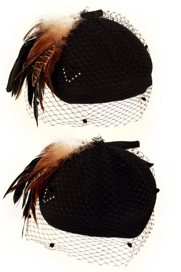 Ladies hat wool felt black with spheres mesh, black / brown feather and bow size 57-58