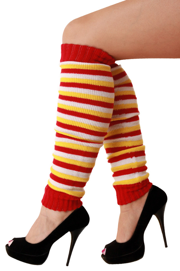 Knitted legwarmers red/white/yellow small stripes