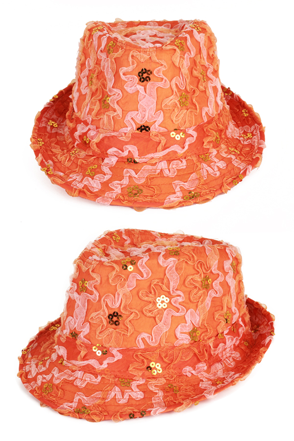 Orange trilby with ruffles and sequins