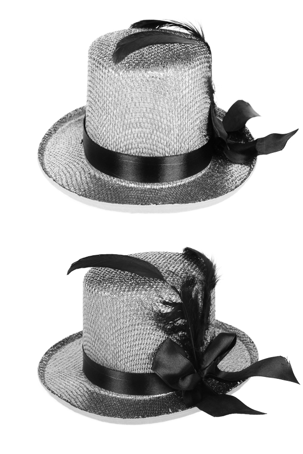 Mini top hat silver lurex with black ribbon and feathers