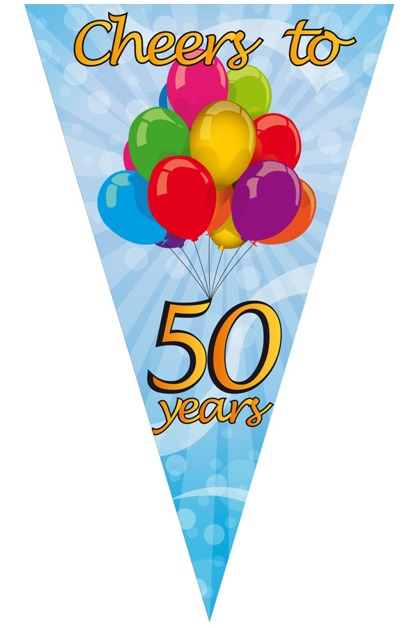 Mega point flag cheers to 50 years 90 x 150cm.