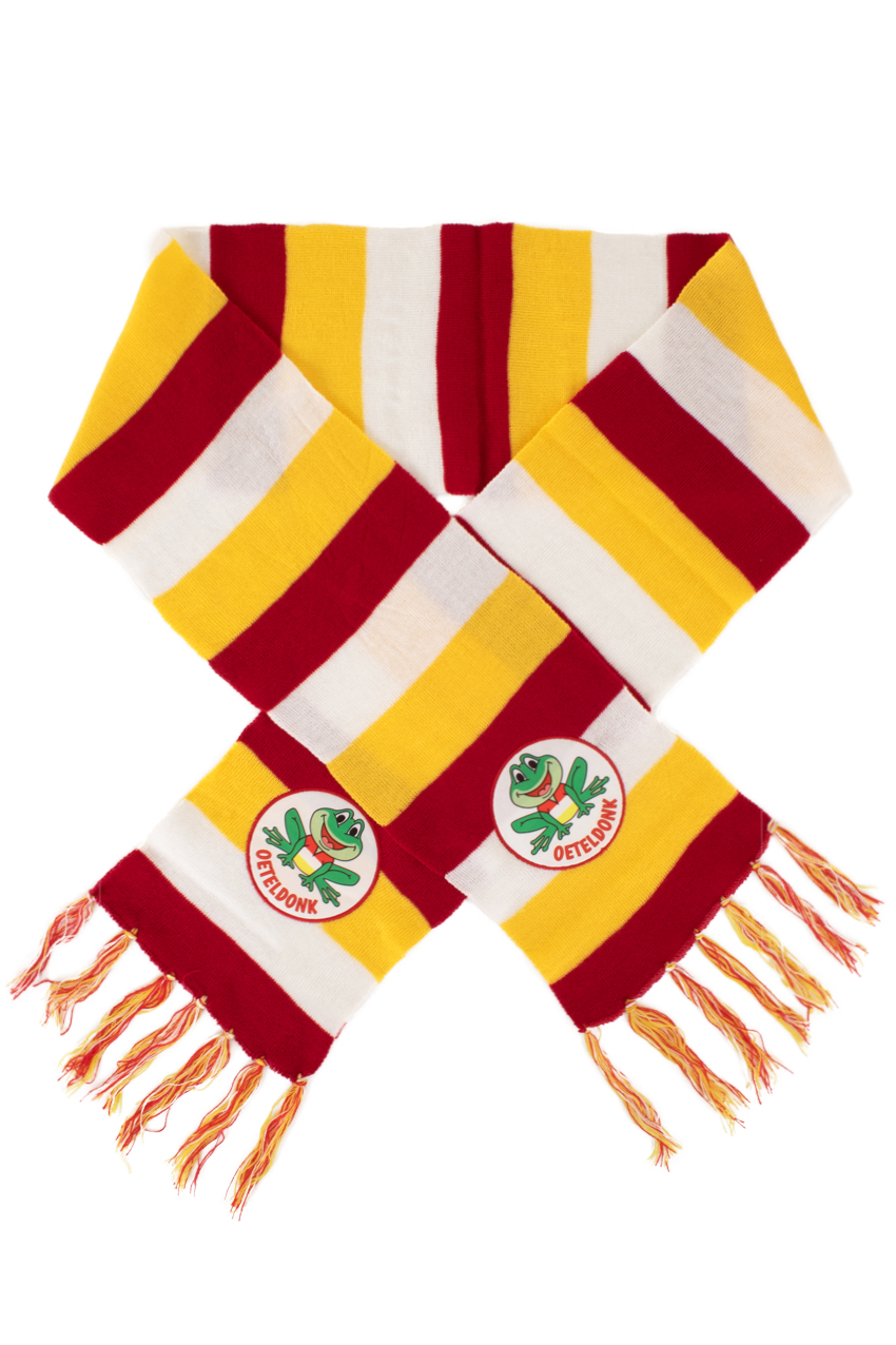 Scarf knitted red/white/yellow with embroidery frog 