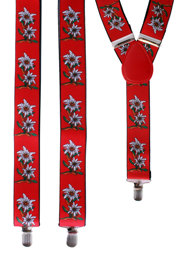 Tyrolean suspenders red with edelweiss flower 