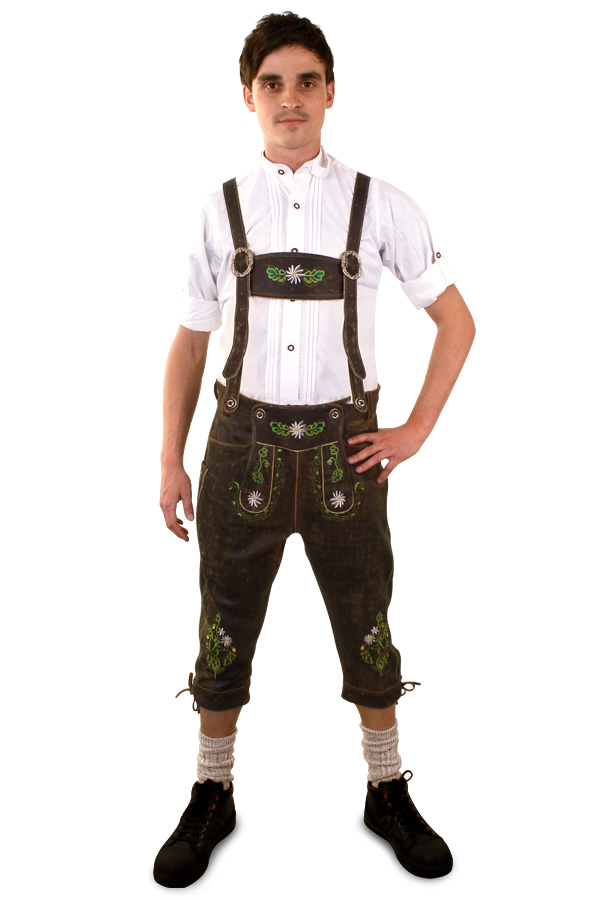 Lederhose deluxe brown knee-over + green embroidery (real leather)