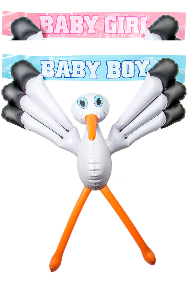 Inflatable stork attach to a window with suction cups
