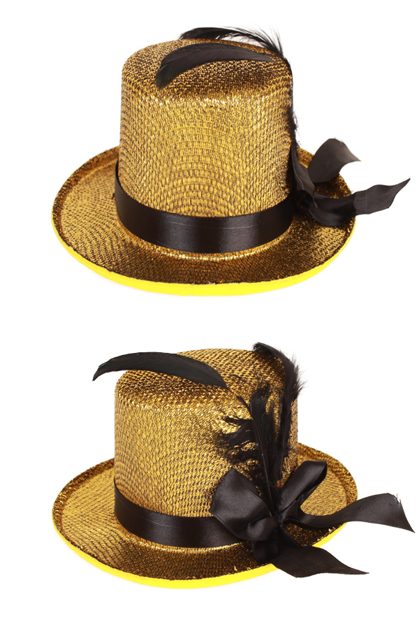 Mini top hat gold lurex with black ribbon and feathers