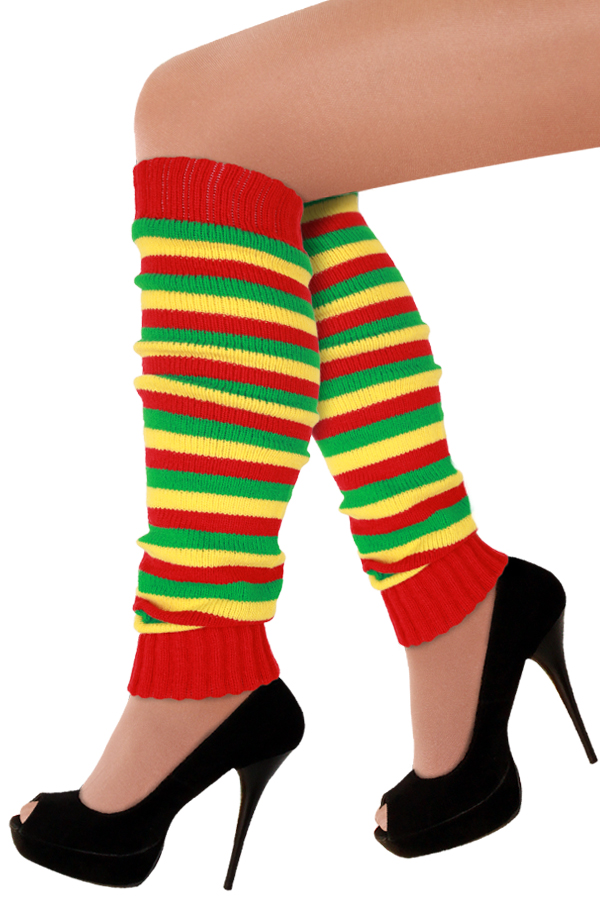 Knitted legwarmers red/yellow/green small stripes