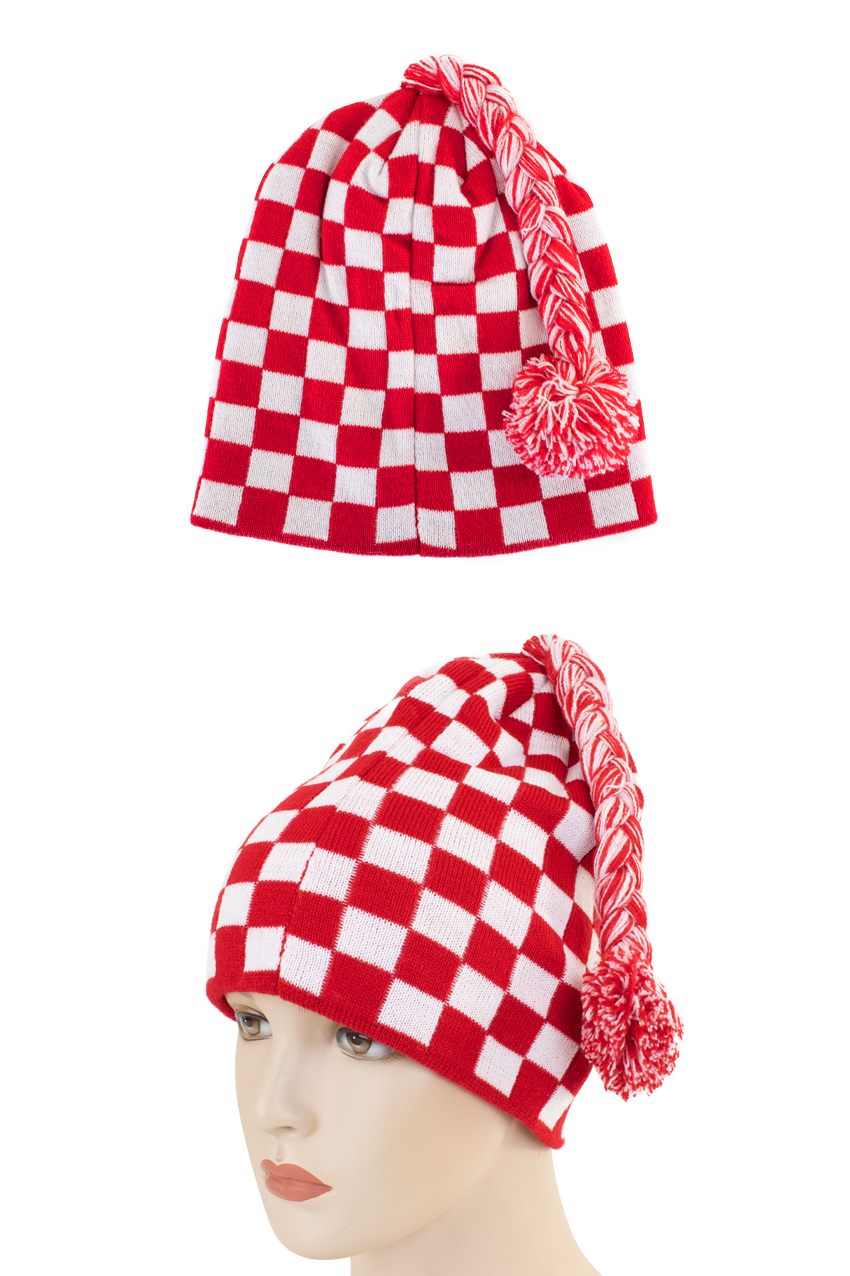 Knitted hat red white checkered with flosje