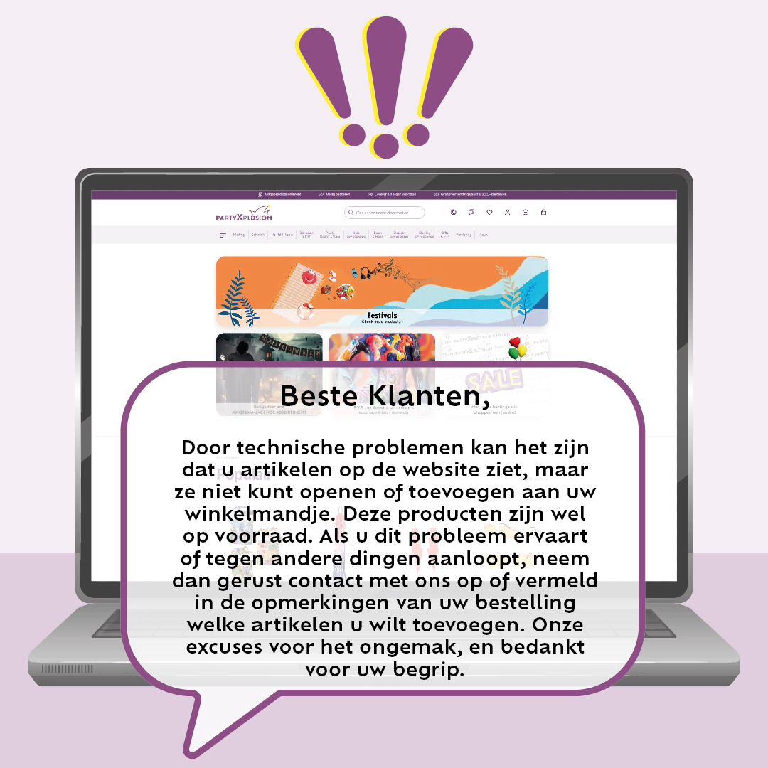 ‼️Beste klanten,‼️

Onze website ondervindt momenteel technische problemen, waardoor het plaatsen van bestellingen soms niet goed verloopt. We werken hard aan een oplossing en waarderen uw geduld. Als u ergens tegenaan loopt, neem dan gerust contact met ons op. Onze excuses voor het ongemak. 🏗💻

#partyxplosion #website #error404 #underconstruction