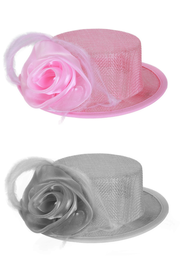 Mini top hat 2 assorted colours, pink or gray with feathers
