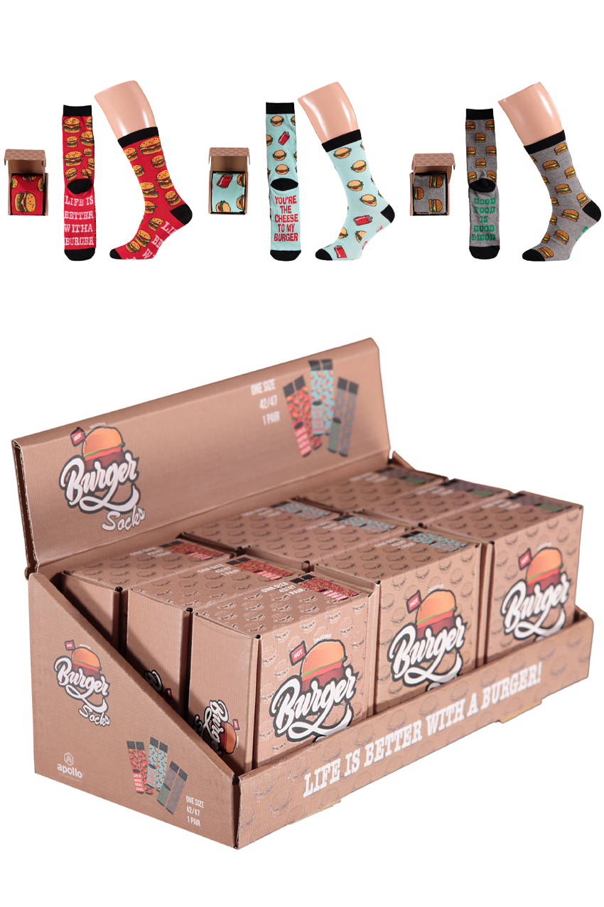 Burger socks packed in burger box