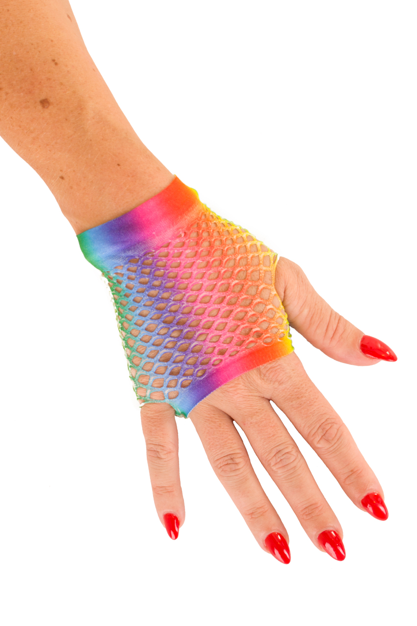 Wrist length rainbow fishnet fingerless gloves