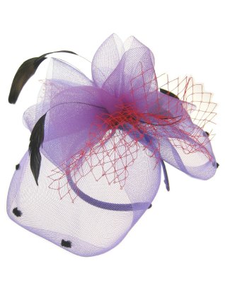 Purple fascinator hair band tulle veil with small black feat