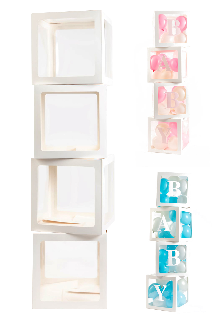 set of 4 balloon boxes (30 x 30 cm ) with 2 sets of letters LOVE and BABY