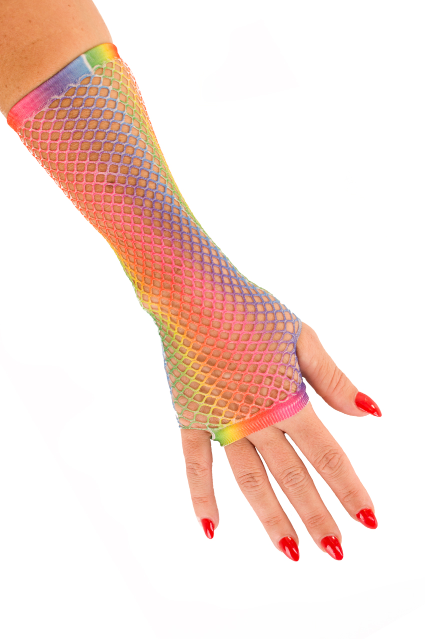 Elbow length rainbow fishnet fingerless gloves