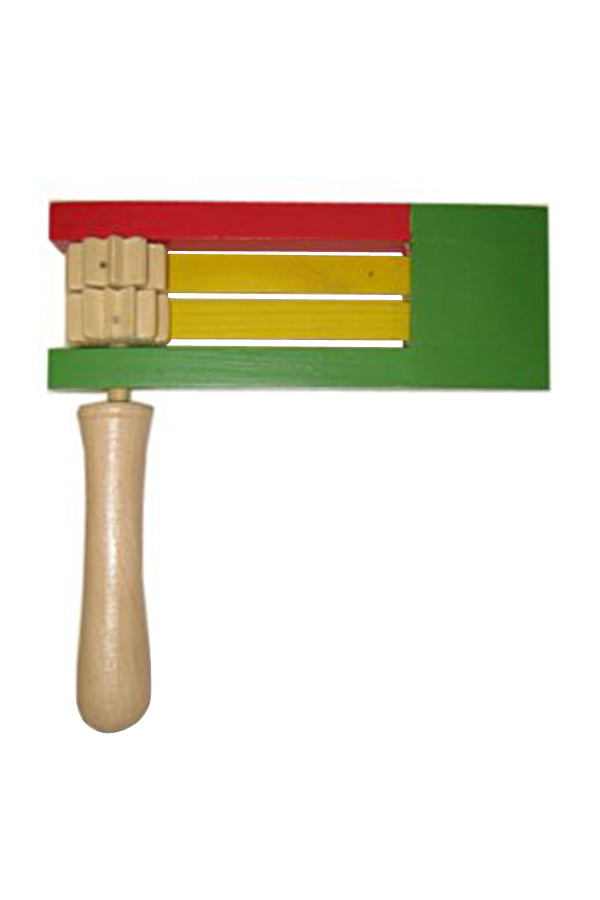 Red, yellow and green wooden rattle